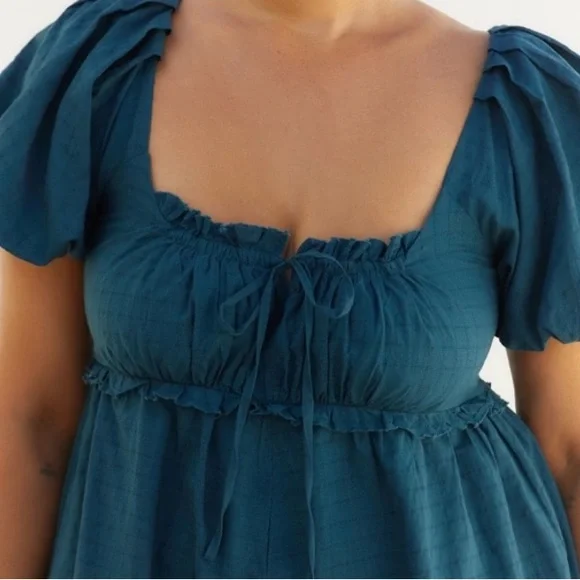 🟤NWT PILCRO Plus Puff-Sleeve Babydoll Romper in Dark Teal 1X